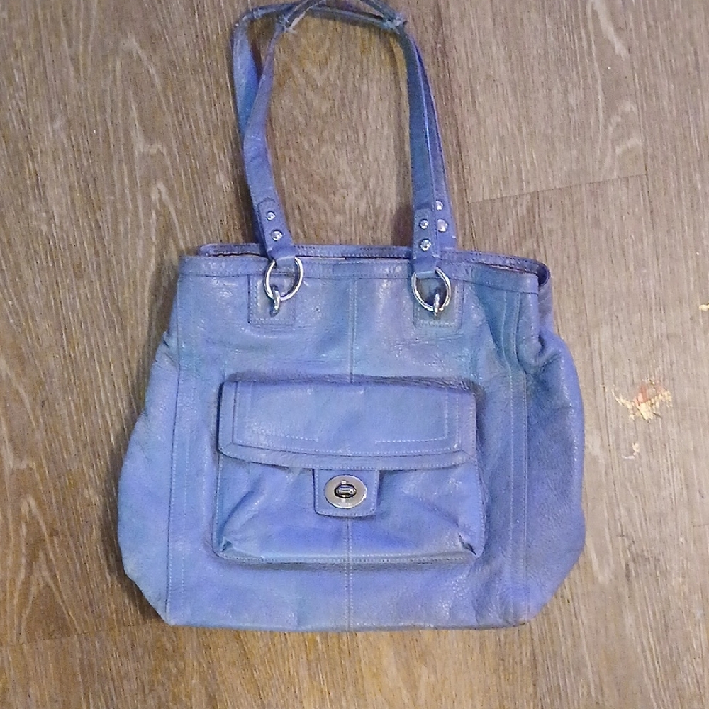 Women's Blue Leather Tote Bag with Front Pocket